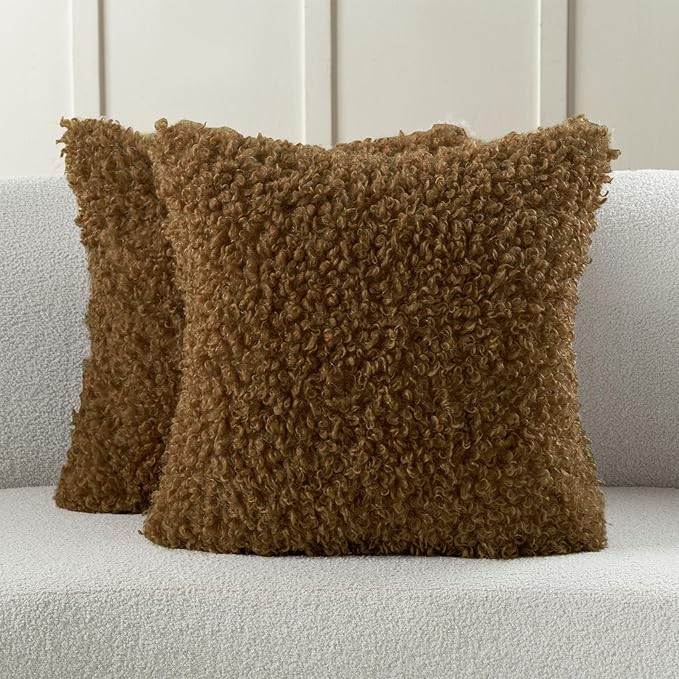 FUTEI Brown Decorative Throw Pillow Covers 18x18 Inch Set of 2,Soft Fluffy Faux Wool Fur Boucle Textured Cushion Case,Modern Home Decor for Couch Bed Living Room Office