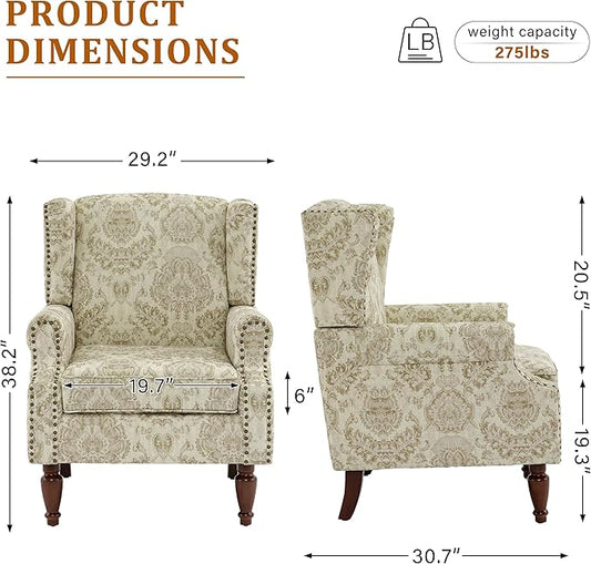 Wingback Accent Chair, High Back Upholstered Armchair, Printed Fabric Wingback Arms Chairs with Wood Legs, Single Sofa Reading Chair for Bedroom Living Room, White