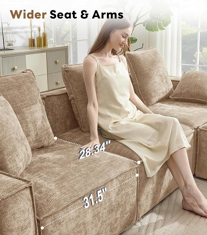 WILLOVE 47'' Single Sofa with Ottoman, Chenille Cloud Couch with Wide Armrests & 3 Pillows, Deep Seat Couches for Living Room, Khaki