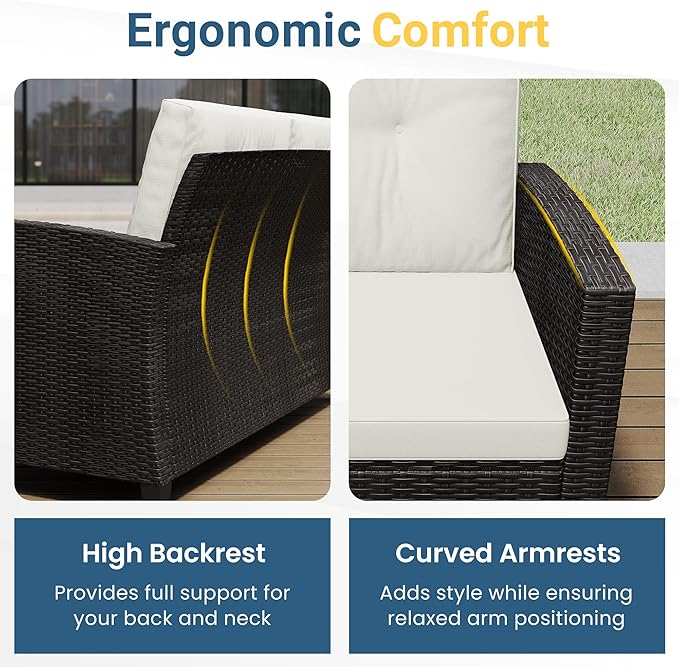 Wisteria Lane 4 Piece Patio Furniture Set, Wicker Outdoor Patio Conversation Furniture Set, All Weather Outdoor Patio Sofa with Cushion and Glass Table, Beige