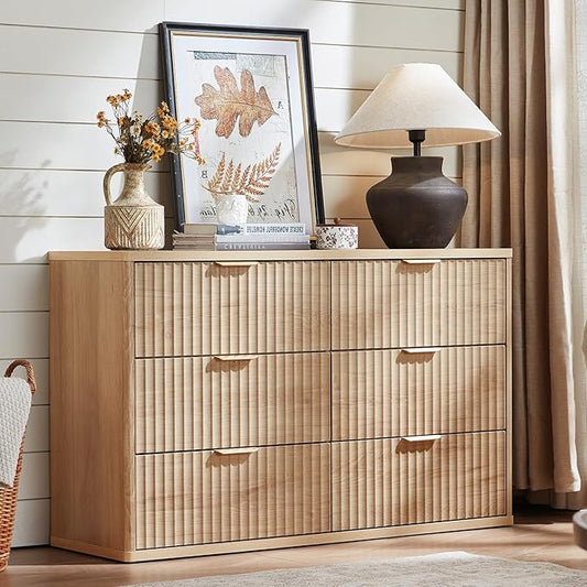 LEYAOYAO Fluted 6 Drawers Dresser Set of 2, 48" Wide Modern Chest of Drawers with Woodgrain Top, Curved Profile Design, Dresser TV Stand, Wooden Drawer Organizer for Bedroom, Living Room, Hallway,Wood