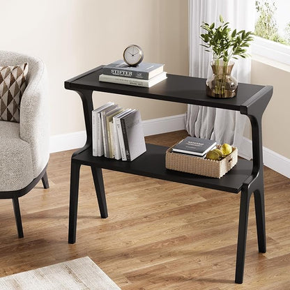 Tribesigns Solid Wood End Table, 2-Tier Modern Slim Couch Side Table with Storage Shelves, Tall Sofa Side Table with Cute Deer-Shaped Legs for Living Room, Skinny Bedside Nightstand for Bedroom, Black
