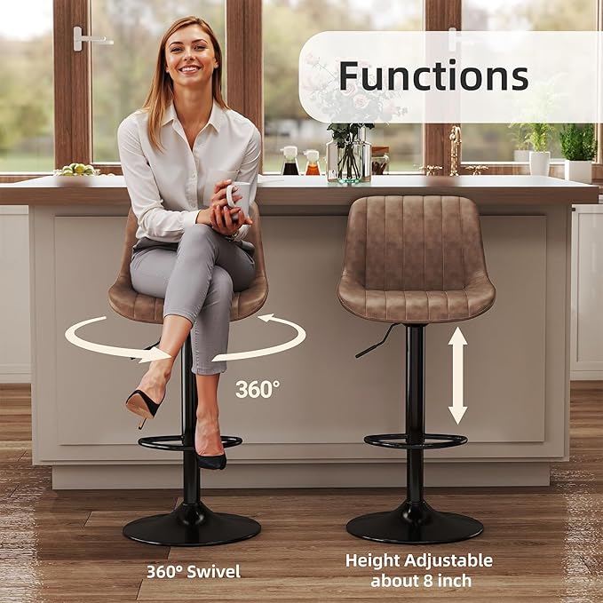 Youhauchair Bar Stools Set of 4, Swivel Counter Height Barstools with Back, Adjustable PU Leather Bar Chairs, Modern Armless Kitchen Island Stool, Light Brown