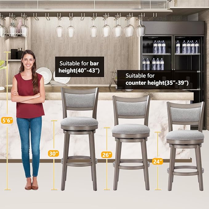 PrimeZone Swivel Bar Stools Set of 6, 30 Inch Bar Height Barstools, High Back Bar Stool with Solid Wood Legs & Wrap-Around Footrest, Counter Stools for Kitchen Island, Pub, Grey