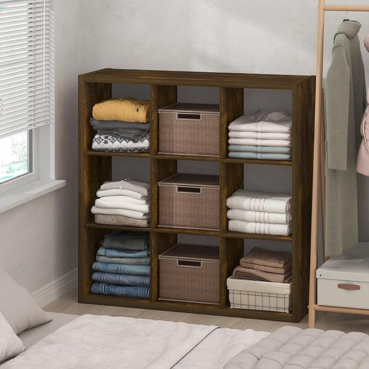 Furinno Cubic Closet Organizers and Storage, 9-Cube Closet Organizer, Open Shelf Closet Storage, Extra Thick Frame for Wardrobe, Bedroom, Living Room, Amber Pine