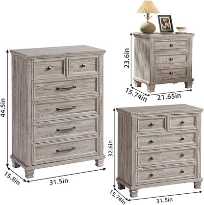 Farmhouse Bedroom Dresser and Nightstand Set of 4, 6 Drawer Tall & 5 Drawers Dresser & 3 Drawer Nightstand Set with Wooden Legs, Rustic Wood Bedroom Furniture for Livingroom, Hallway, Grey
