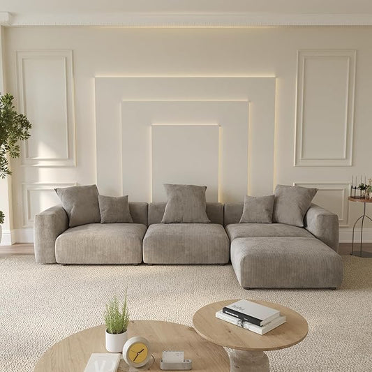 WJShome Cloud Couch Modular Sectional Sofa,141.73inch L Shaped Couch,Oversized Corduroy Couches with Ottoman and Pillows, Brown4 Seaters Cushion Covers Removable& Washable