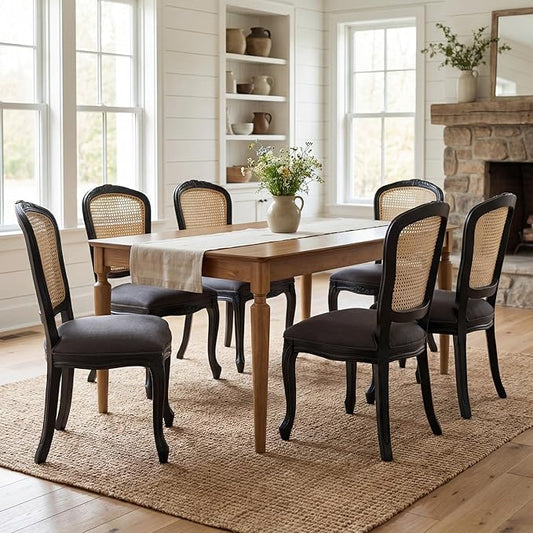 Wicker Dining Chairs Set of 6, Upholstered Linen Fabric Dining Room Chairs with Square High Rattan Back Farmhouse French Kitchen Chairs for Dining Table/Living Room/Restaurant, Black
