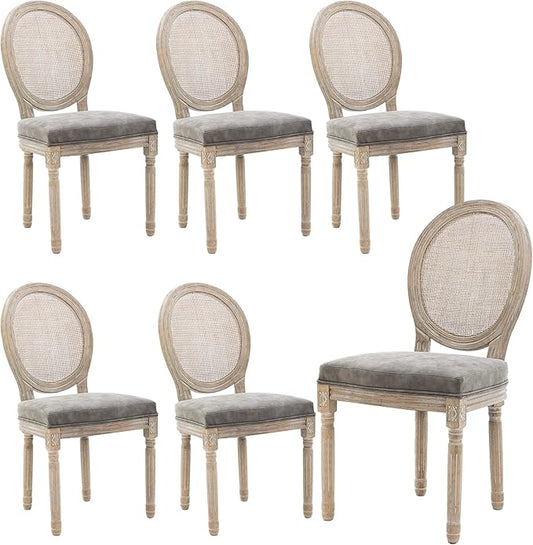 Farmhouse Leather Dining Room Chairs Set of 6 French Dining Chairs with Round Rattan Back French Bistro Chairs for Dining Room/Living Room/Kitchen/Restaurant, Grey