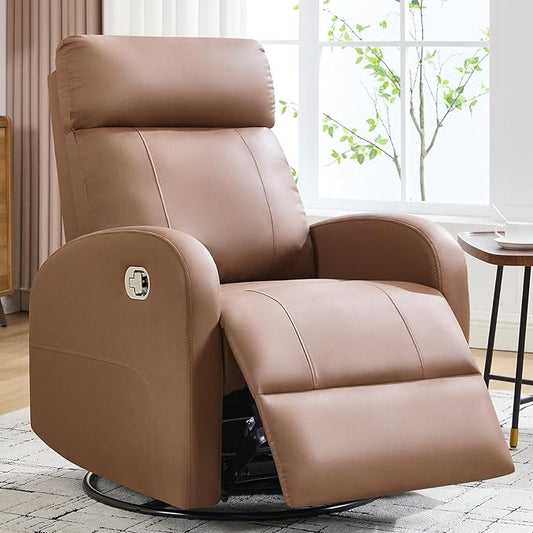 Swivel Rocker Recliner Chair, Manual Faux Leather Recliner, Glider Rocking Recliners 360°Swivel Nursery Reclining Chairs with Adjustable Headrest Highback for Living Room, Coffee
