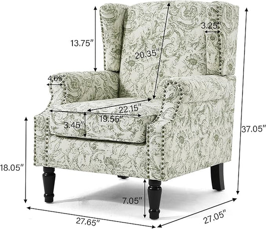 UIXE High Back Floral Accent Chairs Set of 2, Fabric Upholstered Armchair Wingback Arm Chair for Living Room, Nailhead Trim Single Sofa Bedroom Side Reading Seat with Solid Wood Legs - Rococo Green