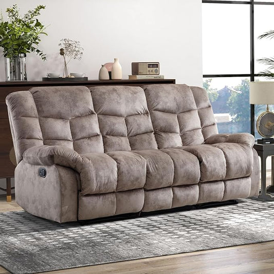 CANMOV Manual Reclining Sofa, 3 Seat Recliner Sofa with Armrest and Overstuffed Backrest, Couch Set for Living Room, Bedroom, Office, Light Brown