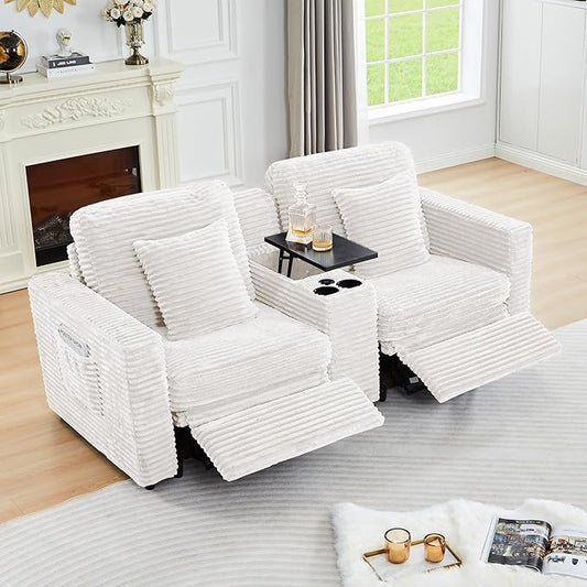 Power Reclining Sectional Sofa, Electric Loveseat Recliner with Storage Console and USB Ports, Plush Corduroy Fluffy Reclining Loveseat Couch Adjustable Headrest, 2 Seat Sofa for Living Room-White