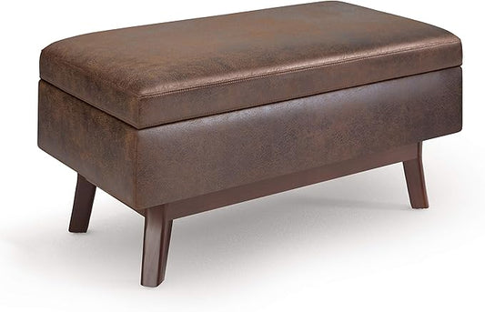 SIMPLIHOME Owen 36 inch Wide Mid Century Modern Small Rectangular Storage Ottoman in Distressed Chestnut Brown Vegan Faux Leather, Assembled, For the Living Room, Entryway and Family Room