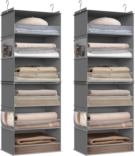 SONGMICS Set of 2 Hanging Closet Organizers, 6-Tier Fabric Storage Shelf, Separable Closet Hanging Shelf with Side Pockets, Foldable, Metal Hooks and Bamboo Inserts, Dove Gray URCH008G01