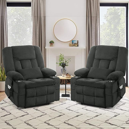 ABCASA Oversized Dual Motor Lay Flat Power Lift Massage Recliner Chair Set of 2 for Elderly with Heat for Living Room, Lift Chairs Recliner with Lumbar Pillow, Cup Holder - Grey