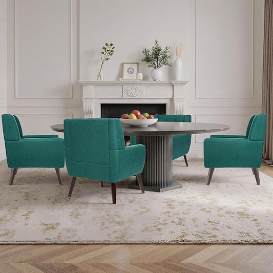 Accent Chairs Set of 4, Mid-Century Modern Upholstered Armchair, Comfy Fabric Living Room Chairs Reading Chairs with Button Tufted Back & Solid Wood Legs for Bedroom, Office, Light Blue