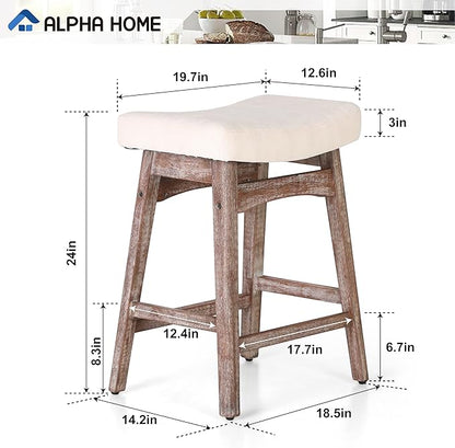 ALPHA HOME Bar Stool, Solid Wood Saddle Kitchen Stool with Beige Linen Fabric Cushion Counter Height Barstool with Vintage Farm Wooden Base for Kitchen Dining Cafe, 24 Inch, Beige, 1PC
