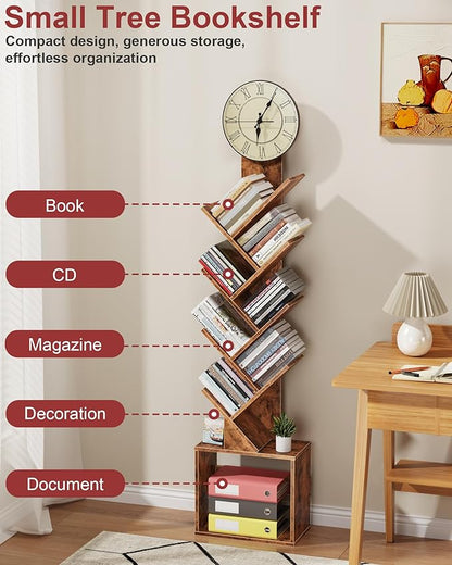 7 Tier Tree Bookshelf with Clock and Storage Cabinet, Small Narrow Floor Standing Bookcase for Bedroom, Living Room, Home Office, Rustic Brown