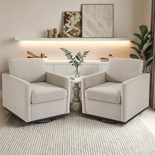 Pia Ricco Plush Swivel Barrel Chair Set of 2 - Mid-Century Modern Accent Armchairs in Soft Chenille for Living Room & Cozy Reading Nook, Sand