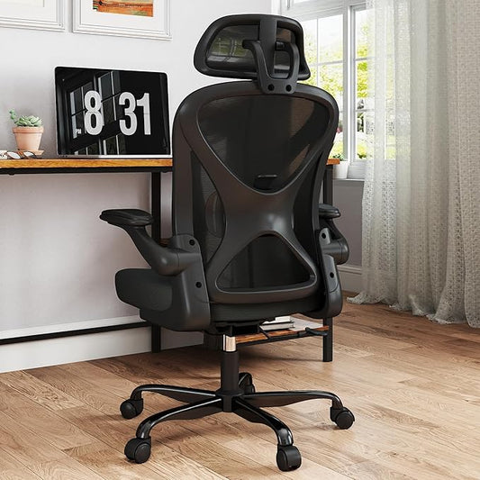 Ergonomic Office Chair Mesh Home Office Desk Chair with Adjustable Backrest and Headrest, Flip-up Armrests, Black