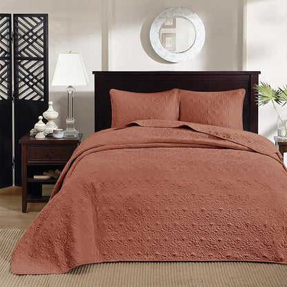 Madison Park Bedspread Set Reversible Damask Quilted Oversized Coverlet, Cotton-Filled Quilts Oversized, All Season, Lofty & Warm Bedspread, Quebec, Clay Red 3 Piece