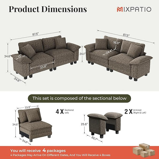 L-Shaped Cloud Modular Sofa Set, Deep Seat 2-Piece 4-Seater Sectional Couch & Removable Arms, Plush Chenille for Living Room - Smoky Gray
