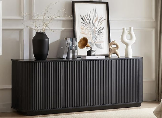 LKTART 64" Sideboard Buffet Cabinet with Storage, Wooden Fluted Storage Cabinet Sideboard Credenza with Adjustable Shelves Pressed Spring for Kitchen Living Room (Black Gray)