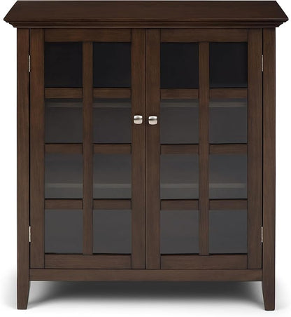 SIMPLIHOME Acadian Storage Cabinet - 39 inch Wide Solid Wood 4-Shelf Display Cabinet in Natural Aged Brown, Transitional Cupboard for Living Room or Dining Room with Glass Doors and Adjustable Shelves