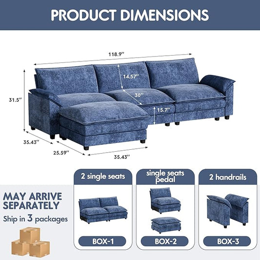 Homall 119" Modular Sectional Sofa, L Shaped Sofa Couch with Reversible Ottoman, DIY Combination Chenille Deep 3-Seat Cloud Couch for Living Room, Apartment (Dark Blue, L Shaped Sofa)
