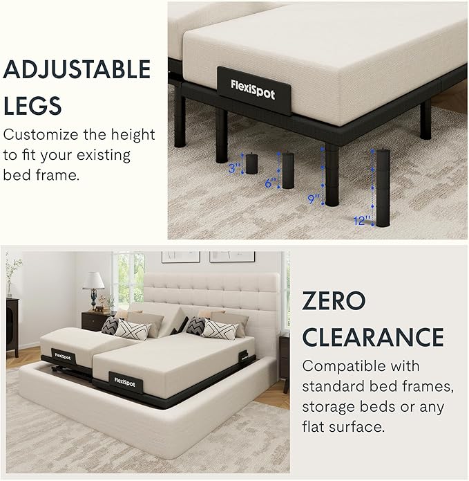 FLEXISPOT Adjustable Bed Frame Base Split King + 12" Cooling Gel Memory Foam Mattress, Massage, Head and Foot Incline, Zero Gravity, Zero Clearance, Under-Bed Lights, Anti-Snore, Wireless Remote