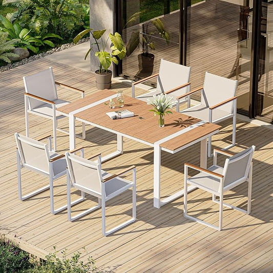 Outdoor Dining Set, Patio Table and Chairs Set, 7 Piece HDPS + Aluminum Patio Furniture Set with Umbrella Hole, Patio Dining Table Set (White-Teak)