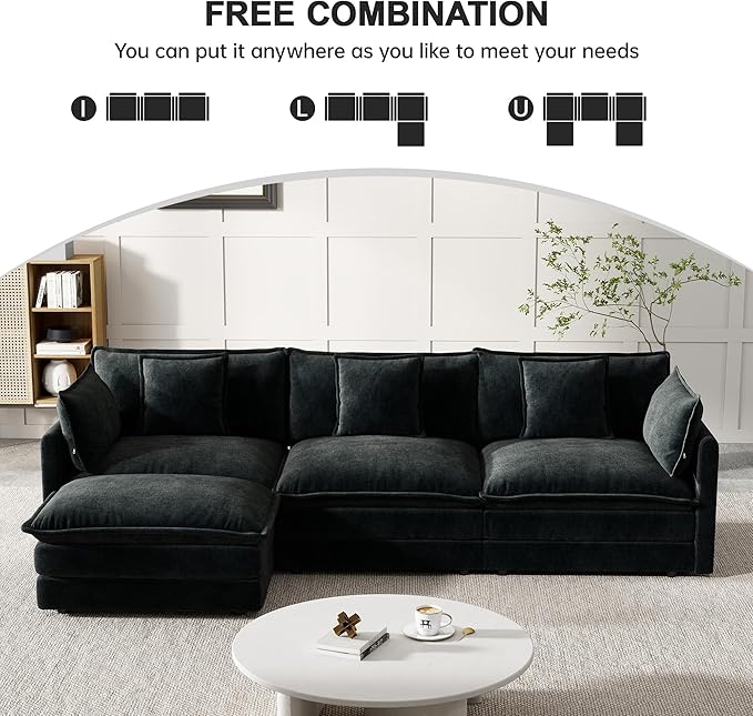 Modular Sectional Sofa, 111.5 Inch L-Shaped Cloud Sofa with Deep Seat Chenille Sofa with Cushions, Three-Self Sectional Sofa for Living Room Apartment,Black