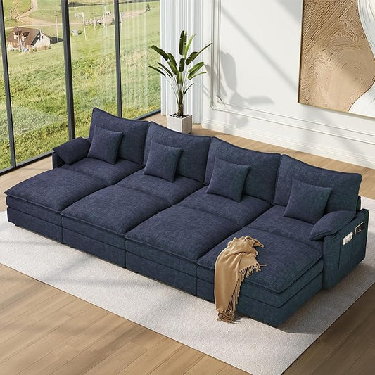 Vesgantti 142" Oversized Sectional Sofa Bed, 8-Seater Modular Sleeper Cloud Couch with Movable Ottoman, Chenille Convertible Sofa Set Deep Seat Couches for Living Room, Bedroom and Apartment, Blue