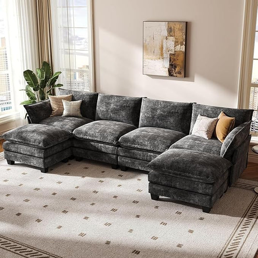 KKL 120" Modular Sectional Sofa for Living Room, U-Shaped 6 Seater Convertible L-Shaped Cloud Couch with Ottoman, Chenille Modern Sectional Couches for Living Room, Apartment, Grey