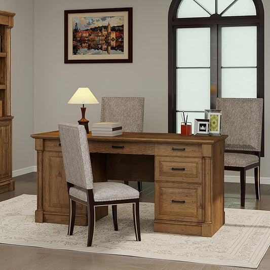 61.85″ Executive Desk with Roman Column Design, Large Boss Office Desk 3 Drawers incl. File Drawer, Keyboard Tray, Cabinet Shelf with Door, Vintage Oak