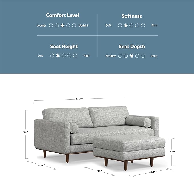 SIMPLIHOME Morrison Mid-Century Modern 89 inch Wide Sofa with Ottoman Set in Mist Grey Woven-Blend Fabric for the Living Room and Family Room