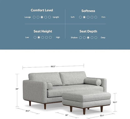 SIMPLIHOME Morrison Mid-Century Modern 89 inch Wide Sofa with Ottoman Set in Mist Grey Woven-Blend Fabric for the Living Room and Family Room