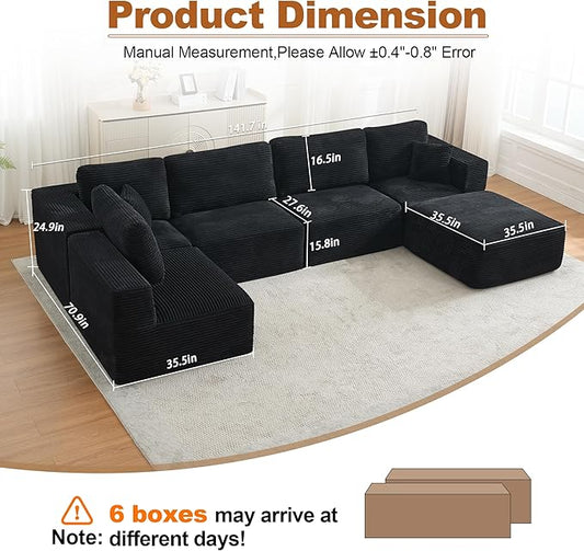Modular Sectional Cloud Couch for Living Room,Modern Boneless Couche Set with Plush Corduroy,Comfy Floor Sofa with Memory Foam,Stupendous U Shaped Sofa with Ottoman,No Assembly Required,Black
