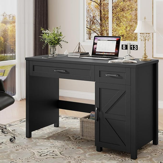 Farmhouse 47" Executive Desk, Computer Desk with Drawers and Storage Cabinet, Workstation for Home Office and Study.(Pure Black)