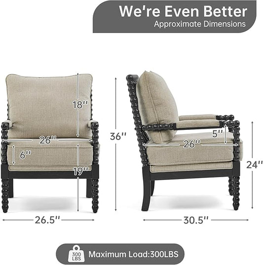 Morden Fort Linen Fabric Spindle Accent Chair with Wood Frame, French Style Accent Chairs with Padded Spring Seat and Armrest Pads, Brushed Base for Living Room Bedroom Farmhouse Office Balcony