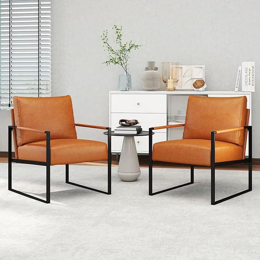 CANMOV Modern Accent Chair Set of 2, PU Leather Armchair with Metal Frame,Comfy Single Reading Chair with Soft Padded Backrest and Cushion for Living Room, Bedroom,Reading Room,Office,Brown