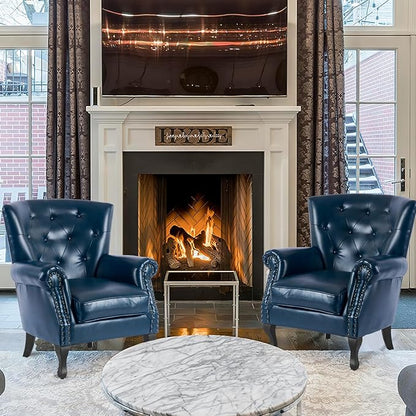 MOJAY PU Leather Accent Chair Set of 2, Mid-Century Modern Armchair Living Room Club Chair with Tufted Button & Rivet Trim, Upholstered Sofa Chair with Sturdy Wood Legs for Bedroom (Navy)