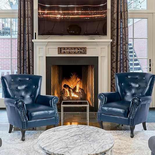 MOJAY PU Leather Accent Chair Set of 2, Mid-Century Modern Armchair Living Room Club Chair with Tufted Button & Rivet Trim, Upholstered Sofa Chair with Sturdy Wood Legs for Bedroom (Navy)