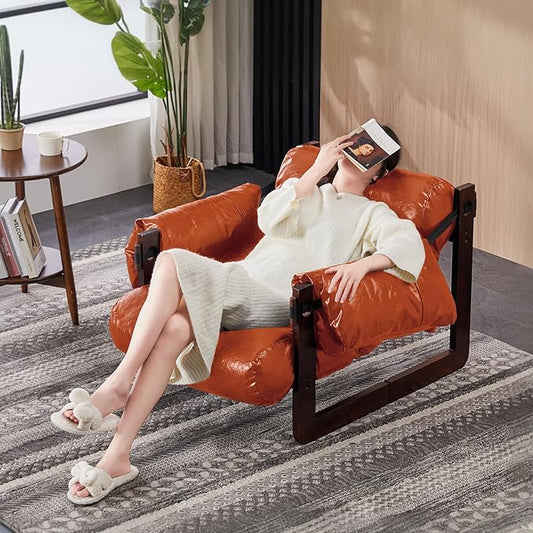 Furnilivng Modern Lounge Accent Chair, Comfortable Oil Waxed Leather Arm Chair with Sturdy Wood Frame, Upholstered Cozy Sofa Chair for Living Room, Bedroom, Dressing Room, Home Office, Retro Orange