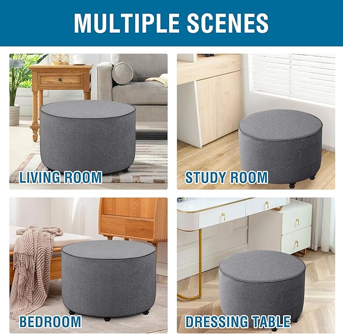 H.VERSAILTEX Round Ottoman Cover Thick Linen Look Ottoman Slipcover Round Ottoman Storage Cover Folding Stool Covers Furniture Protector Cover for Footrest Ottoman Fit Dia 36" - 38", Heather Grey