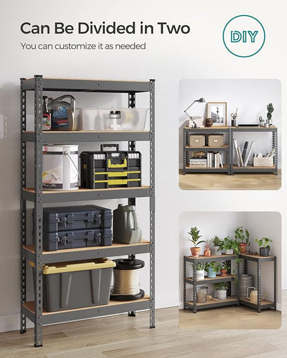 SONGMICS 5-Tier Storage Shelves, Load 2310 lb, Garage Storage, Boltless Assembly, Adjustable Shelving Unit, 11.8 x 29.5 x 59.1 Inches, for Study Shed Basement, Gray and Natural Beige UGLR300G01