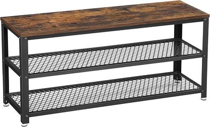 VASAGLE 3-Tier Shoe Rack, Shelf Storage Bench with Metal Mesh Shelves and Seat, Free Standing Shoe Organizer for Entryway, 11.8 x 39.4 x 17.7 Inches, Rustic Brown and Black ULBS078B01