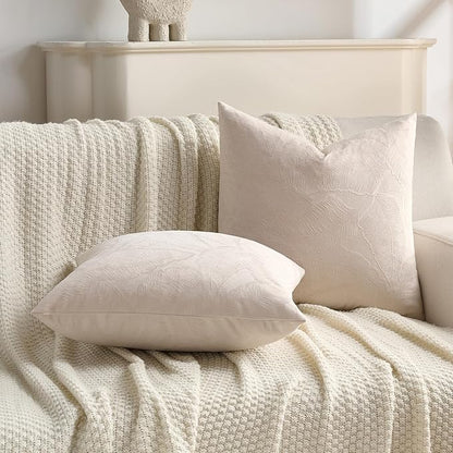 FUTEI Beige Velvet Throw Pillow Covers 18x18 Inch Set of 2,Soft Embossed Leaf-Relief Textured Cushion Cases,Natural Home Decor for Couch Living Room