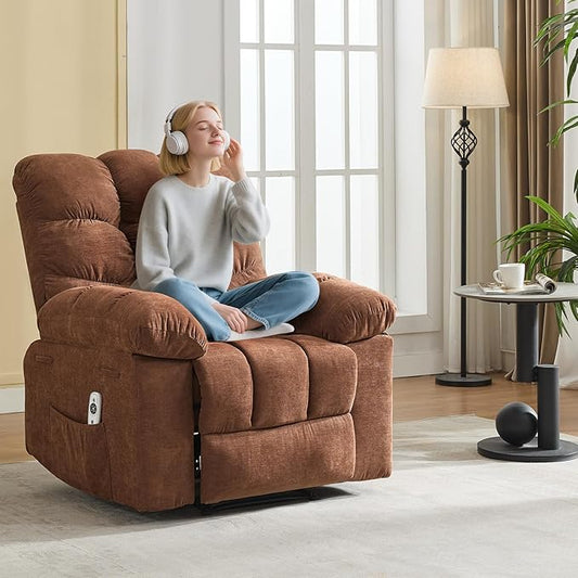 Recliner Rocking Chair with Massage and Heat, Wide Overstuffed Ergonomic Fabric Recliner with Breathable Upholstery, 2 Side Pockets & Remote Control for Living Room or Bedroom